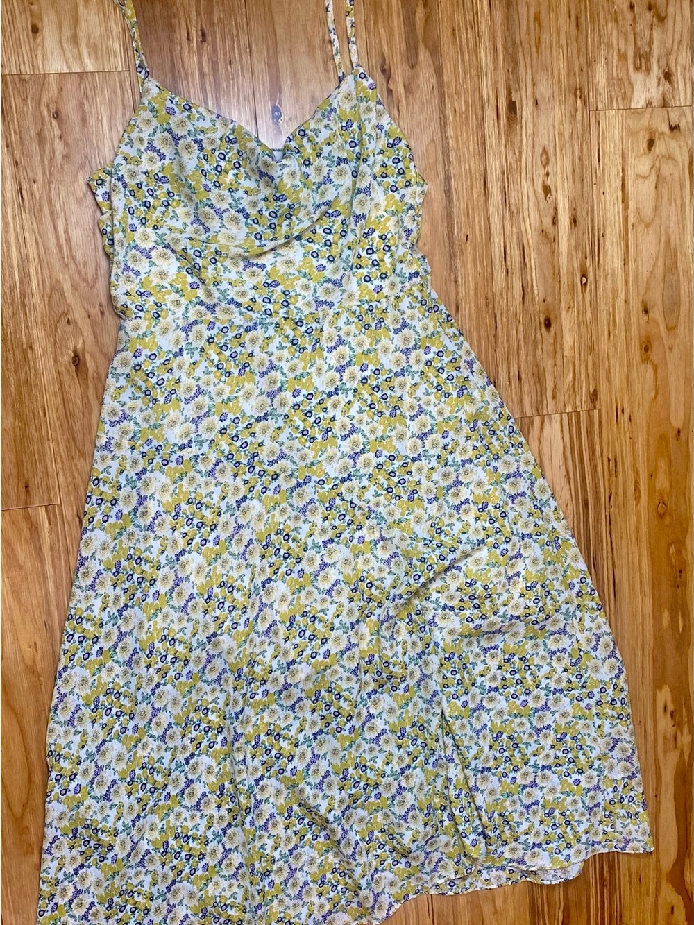 Lush Yellow and Blue Floral Spaghetti-Strap Midi Dress